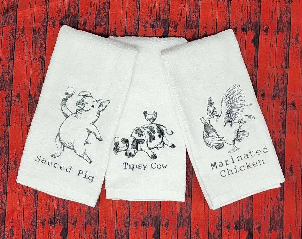 Swine and Spirits Collection, Drunk Farm Animal Velour Hand Towels, The Quirkiest Towels in the Barnyard! Fun Gift Set